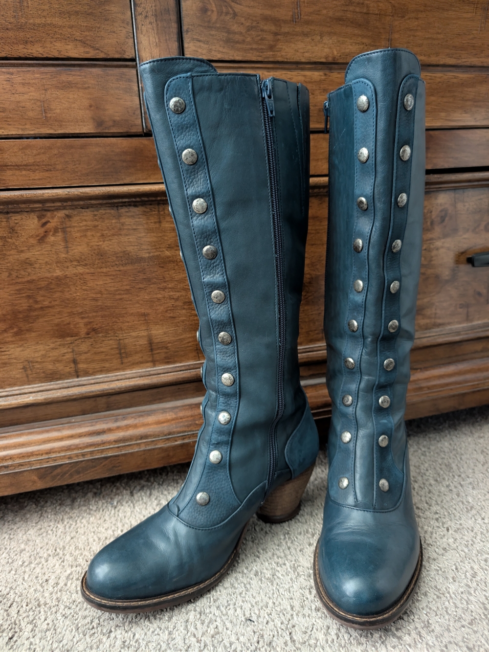 John Fluevog Vintage Tall Women's Leather Button-Detail Boots in Blue